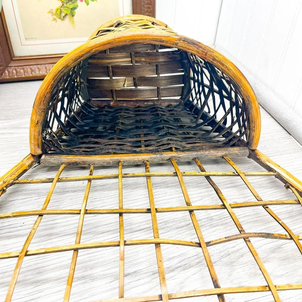 Peacock Wicker Wall Basket with Bamboo Trim